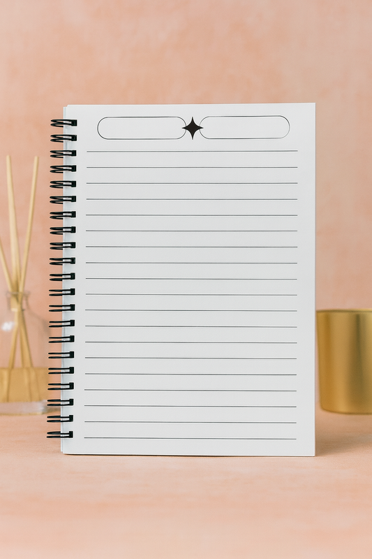 Inside view of handmade lined spiral journal with decorative headers on each page.