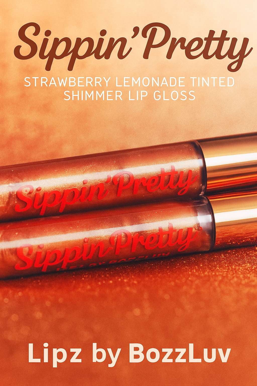 Two tubes of Sippin’ Pretty shimmer lip gloss by BozzLuv Essentials displayed on a warm, glowing background. The gloss features a rich strawberry lemonade tint with golden shimmer and copper caps
