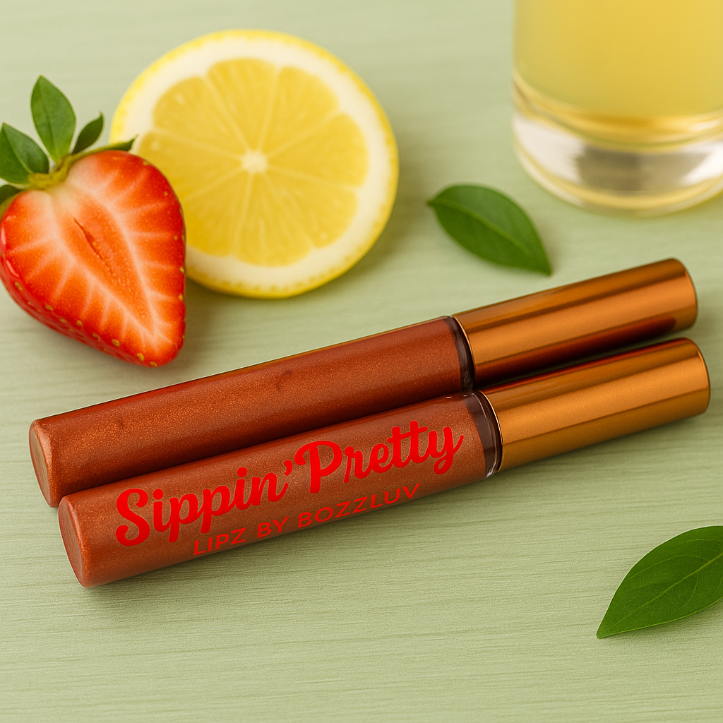Sippin’ Pretty lip gloss tubes styled with a fresh strawberry, lemon slice, and leaves on a light green background, highlighting the gloss’s fruity scent and shimmer.