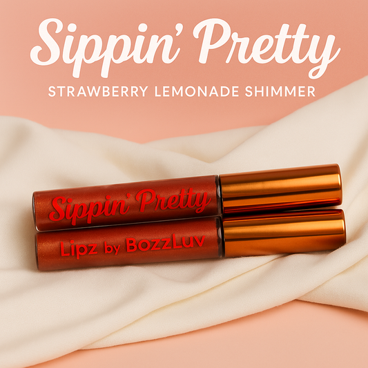 Sippin’ Pretty lip gloss tubes placed on a folded cream fabric background with peach tones, featuring the product name and ‘Strawberry Lemonade Shimmer’ in bold white text above.
