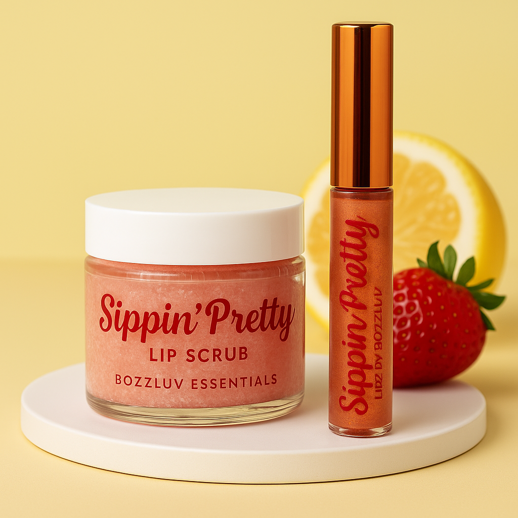 Sippin’ Pretty lip gloss and matching lip scrub by BozzLuv Essentials, styled with a sliced lemon and whole strawberry on a yellow background. The scrub appears pink and sugar-textured, complementing the shimmer gloss.