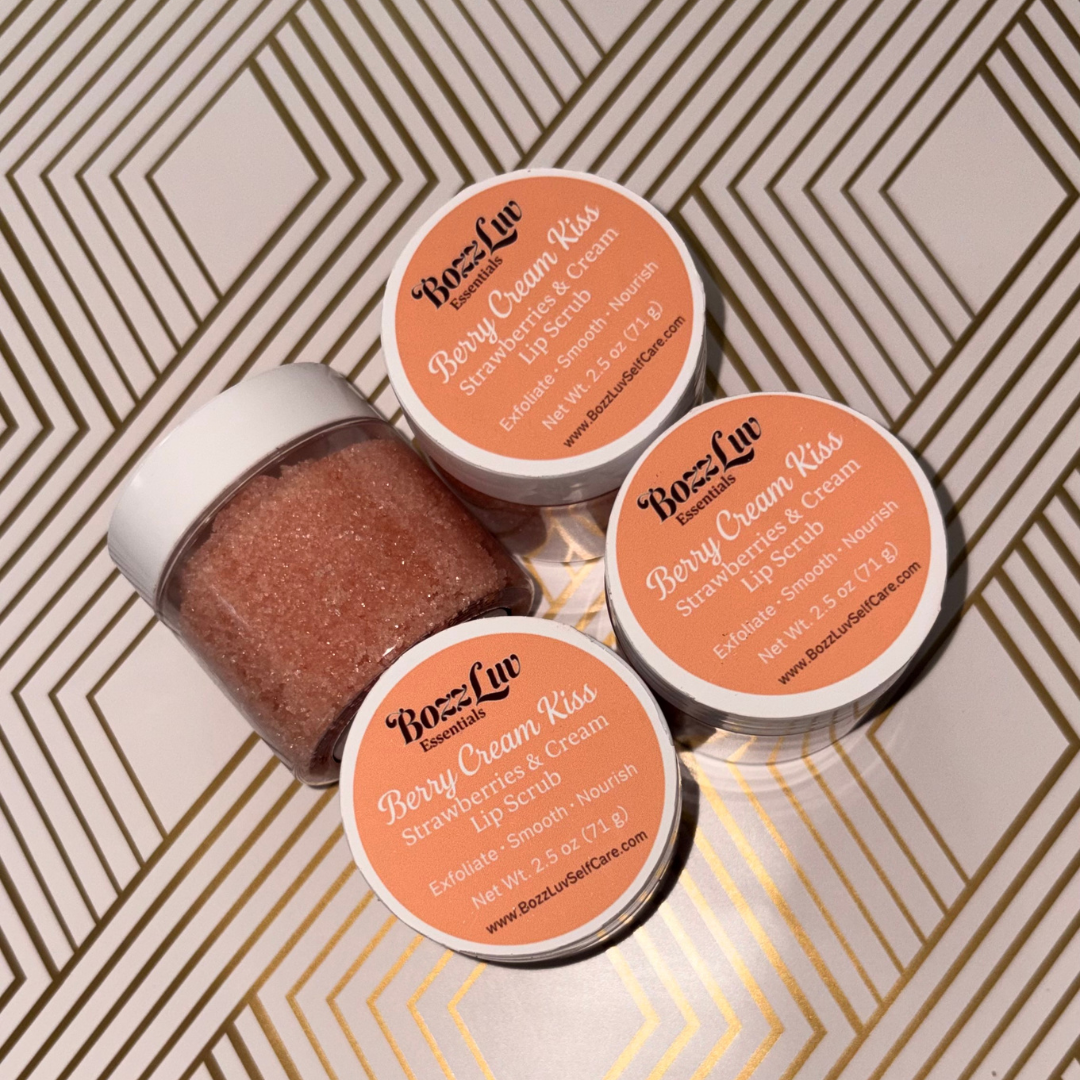 Berry Cream Kiss strawberries and cream lip scrub by BozzLuv Essentials.
