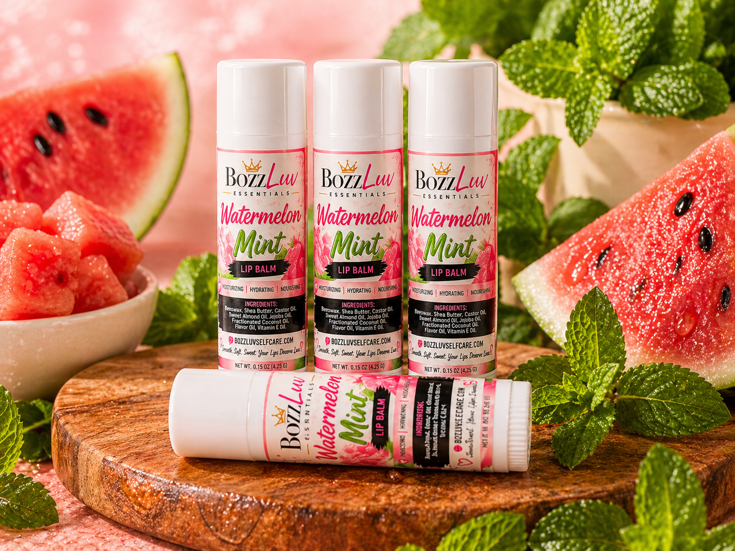 Bozzluv Watermelon Mint lip balm with watermelon and mint leaves on a wooden board. BozzLuv Essentials Watermelon Mint Lip Balm tube – cooling and hydrating lip care