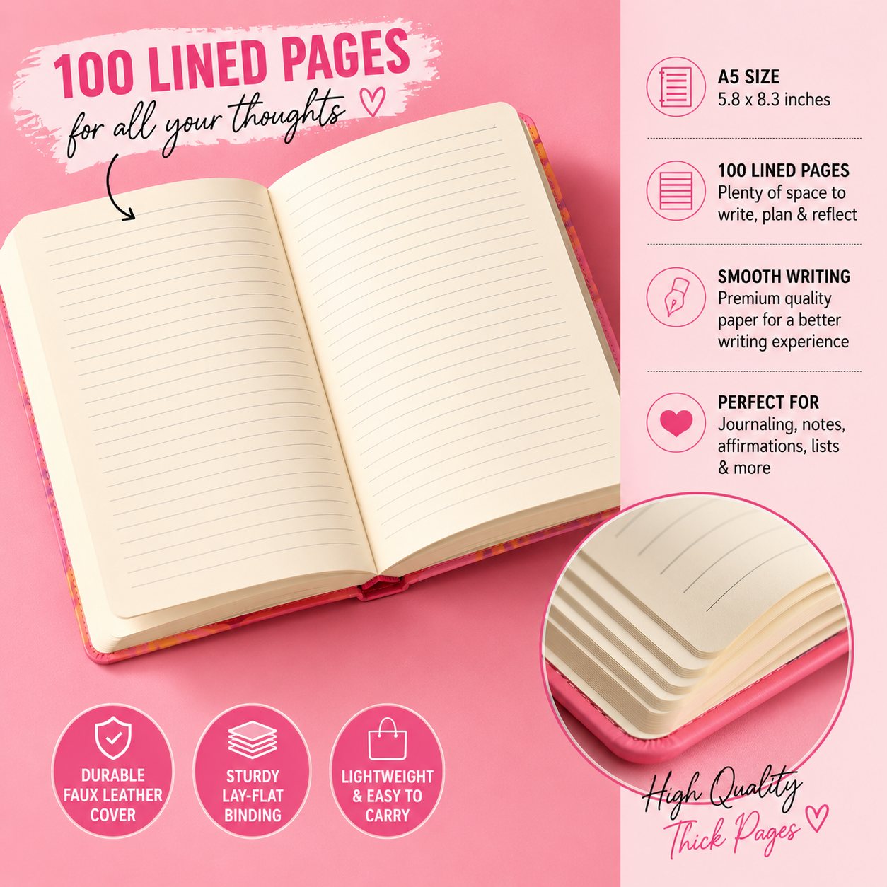 Open burn book A5 journal showing lined pages and paper quality, faux leather notebook with 100 lined pages for journaling and writing