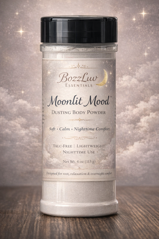 Nighttime talc-free body powder with lavender and coconut vanilla scent
