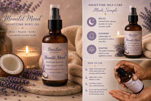 Moonlit Mood nighttime body oil luxury self-care infographic featuring lavender coconut vanilla scent, usage instructions, and spa-inspired lifestyle imagery by BozzLuv Essentials