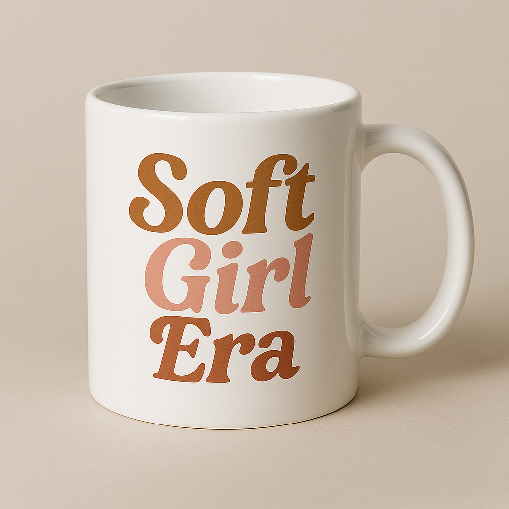 White 15oz ceramic coffee mug featuring retro “Soft Girl Era” text in warm neutral tones, aesthetic girl boss drinkware by BozzLuv Essentials.