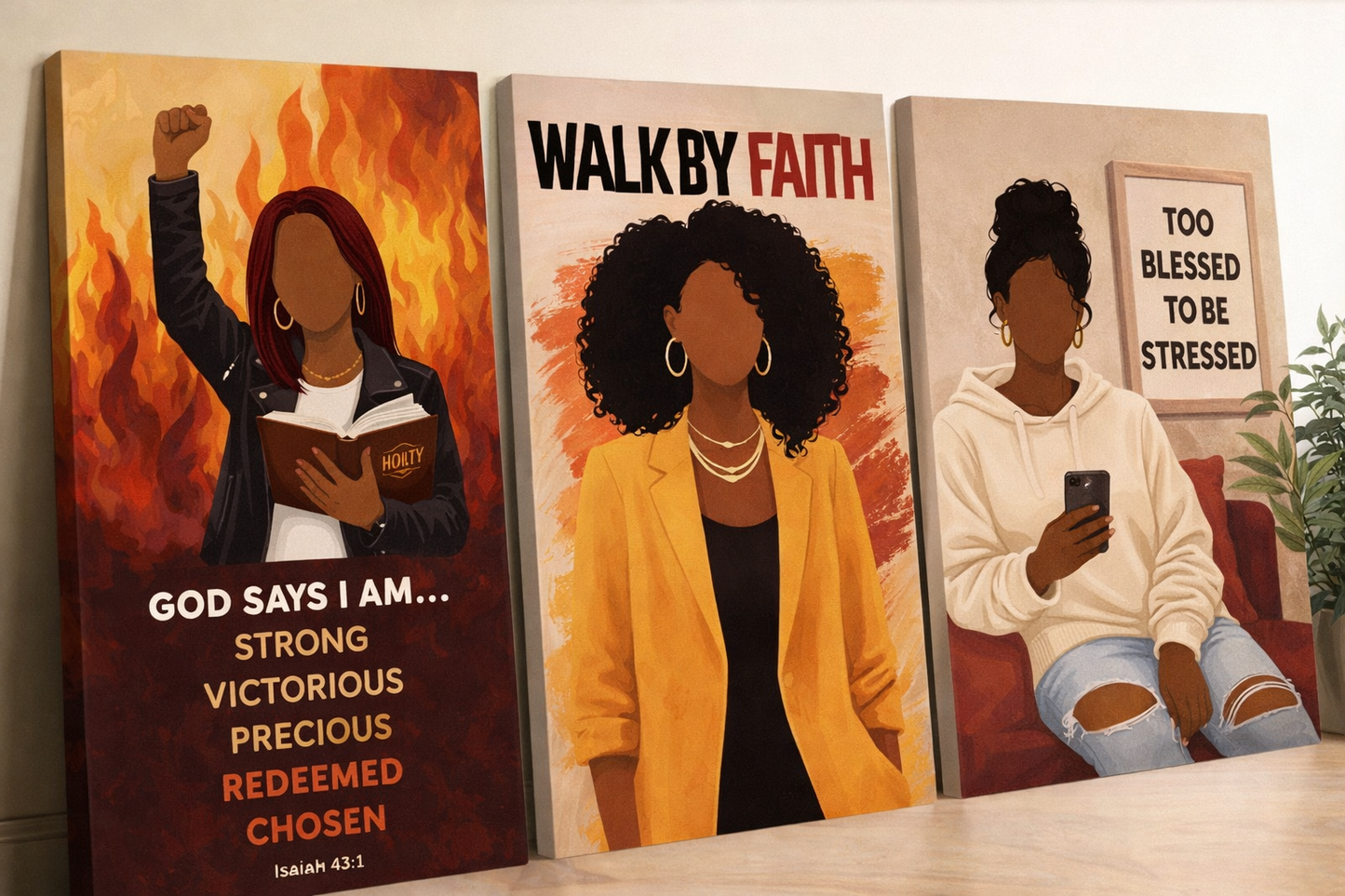 Three-piece faith-inspired canvas wall art set featuring bold faceless Black women illustrations with Christian affirmations including “Walk By Faith,” “Too Blessed To Be Stressed,” and Isaiah 43:1.