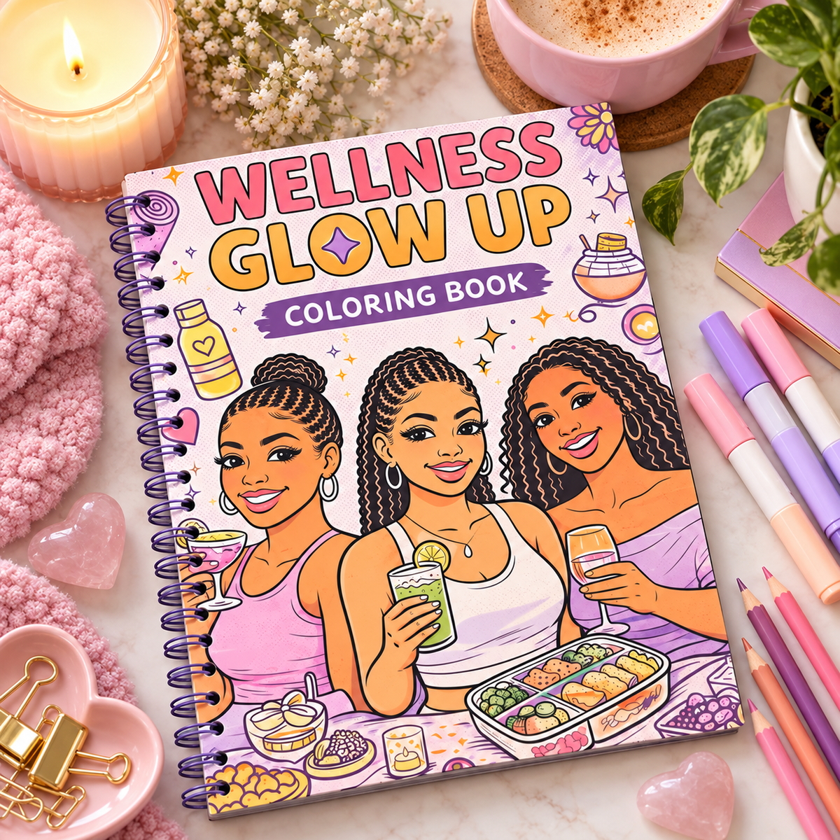 Wellness Glow Up Coloring Book by BozzLuv Essentials styled in a cozy self-care flat lay with pastel markers, colored pencils, a candle, coffee, and soft pink decor.