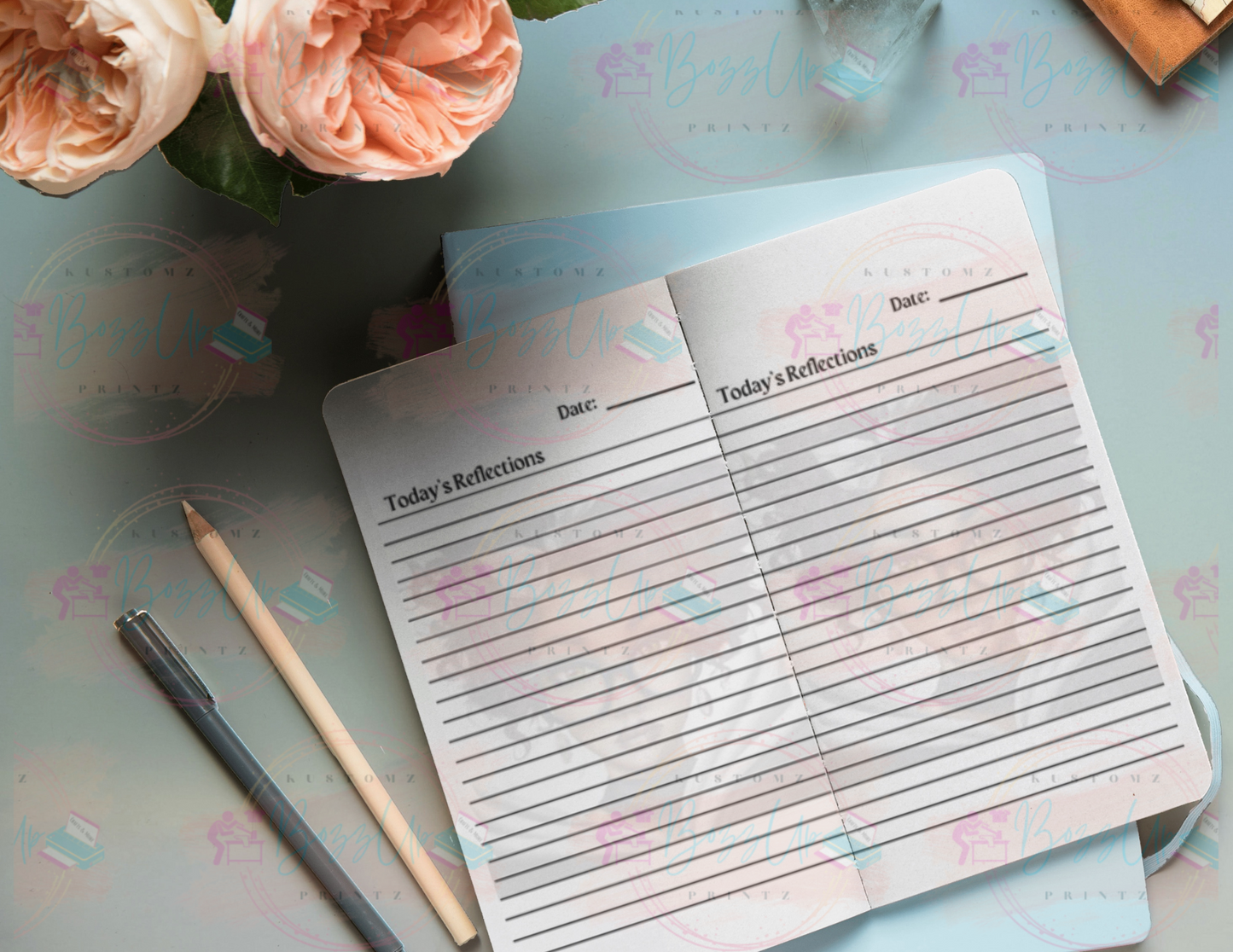Semi-hardcover journal with 100 lined pages, featuring an illustration of an African-American woman with curly hair and glasses holding an open book, titled “Daily Reflections Journal.
