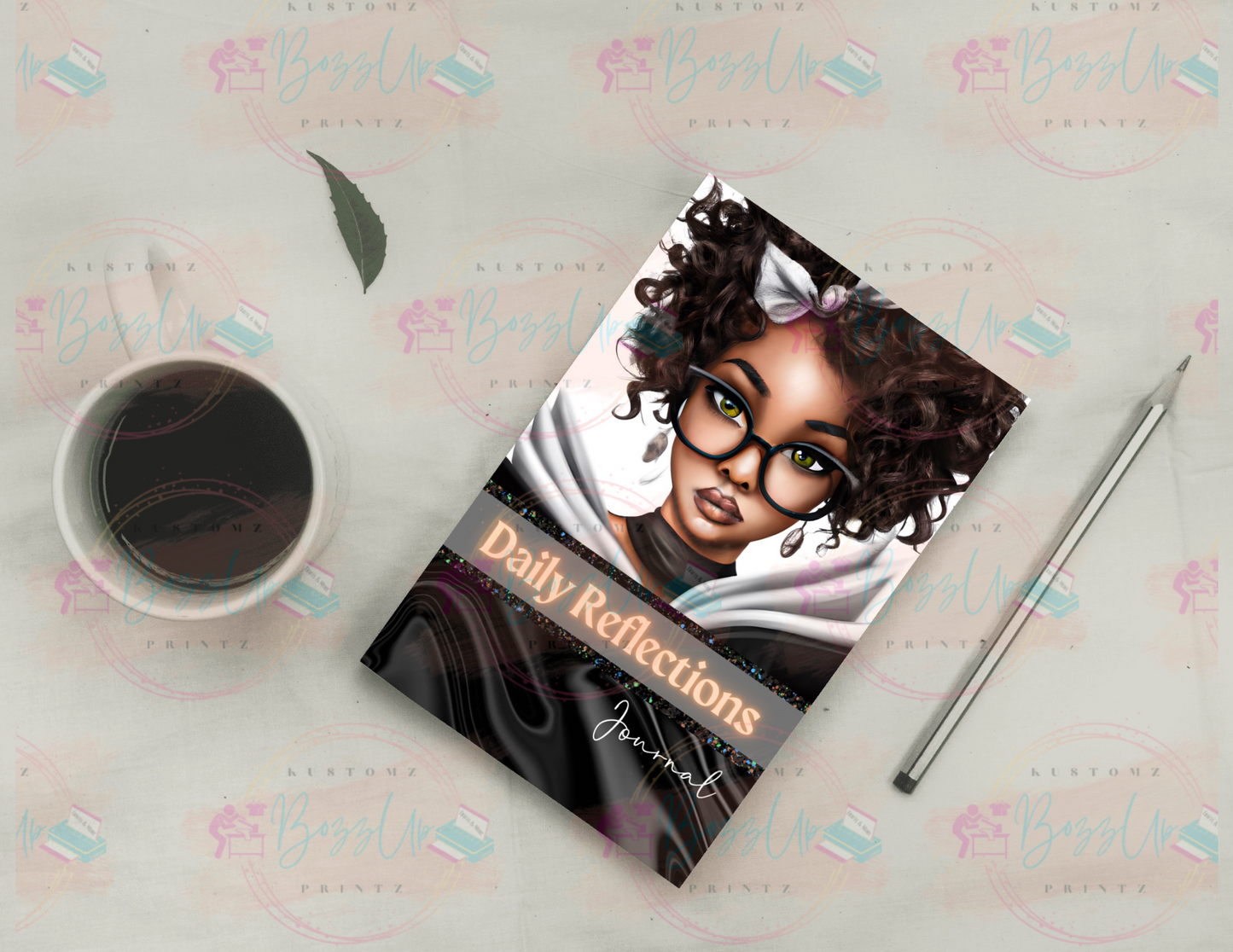 Semi-hardcover journal with 100 lined pages, featuring an illustration of an African-American woman with curly hair and glasses holding an open book, titled “Daily Reflections Journal.