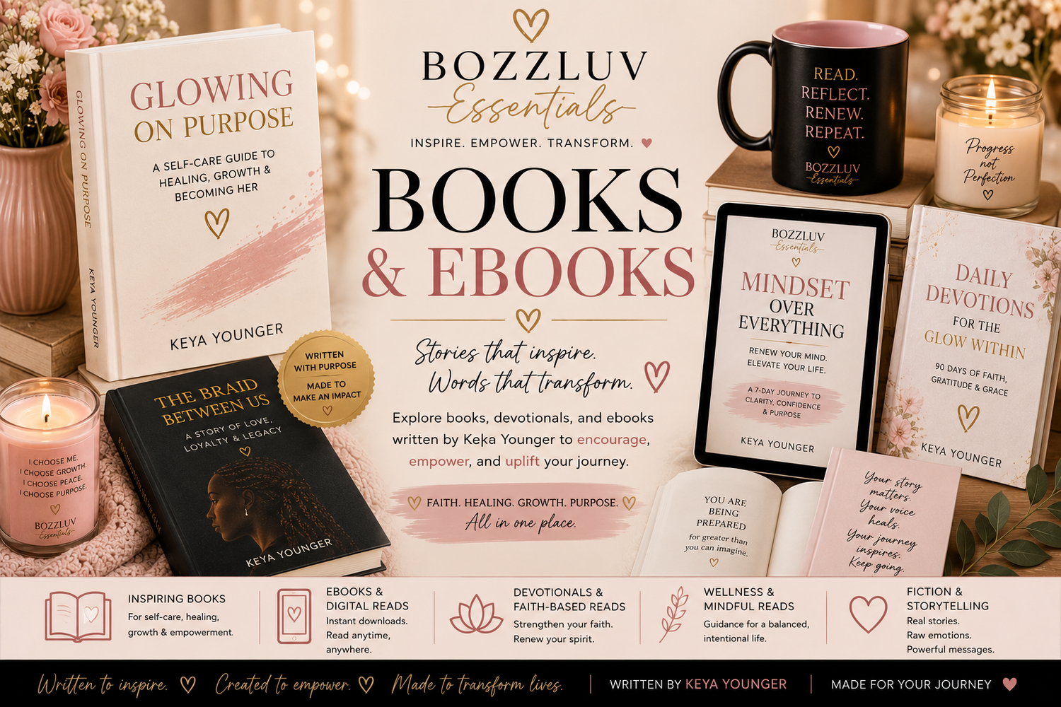 BozzLuv Essentials Books & Ebooks collection banner featuring inspirational books, devotionals, ebooks, and wellness reads written by Keya Younger in a cozy luxury aesthetic.