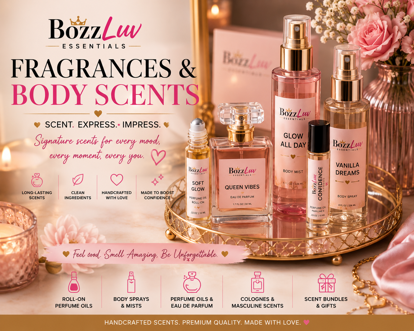 BozzLuv Essentials Fragrances & Body Scents collection featuring perfume oils, roll-on fragrances, and body sprays in a luxury feminine aesthetic.