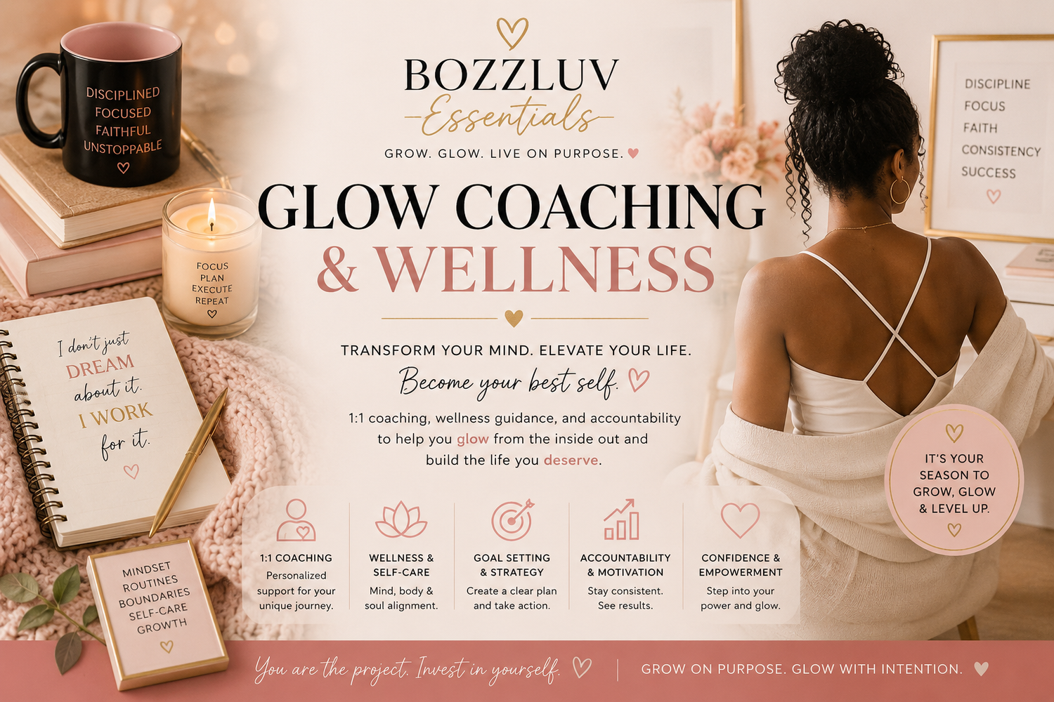 BozzLuv Essentials Glow Coaching & Wellness collection banner featuring wellness workbooks, coaching tools, digital resources, podcast content, planners, and mindset support in a warm luxury self-care aesthetic.