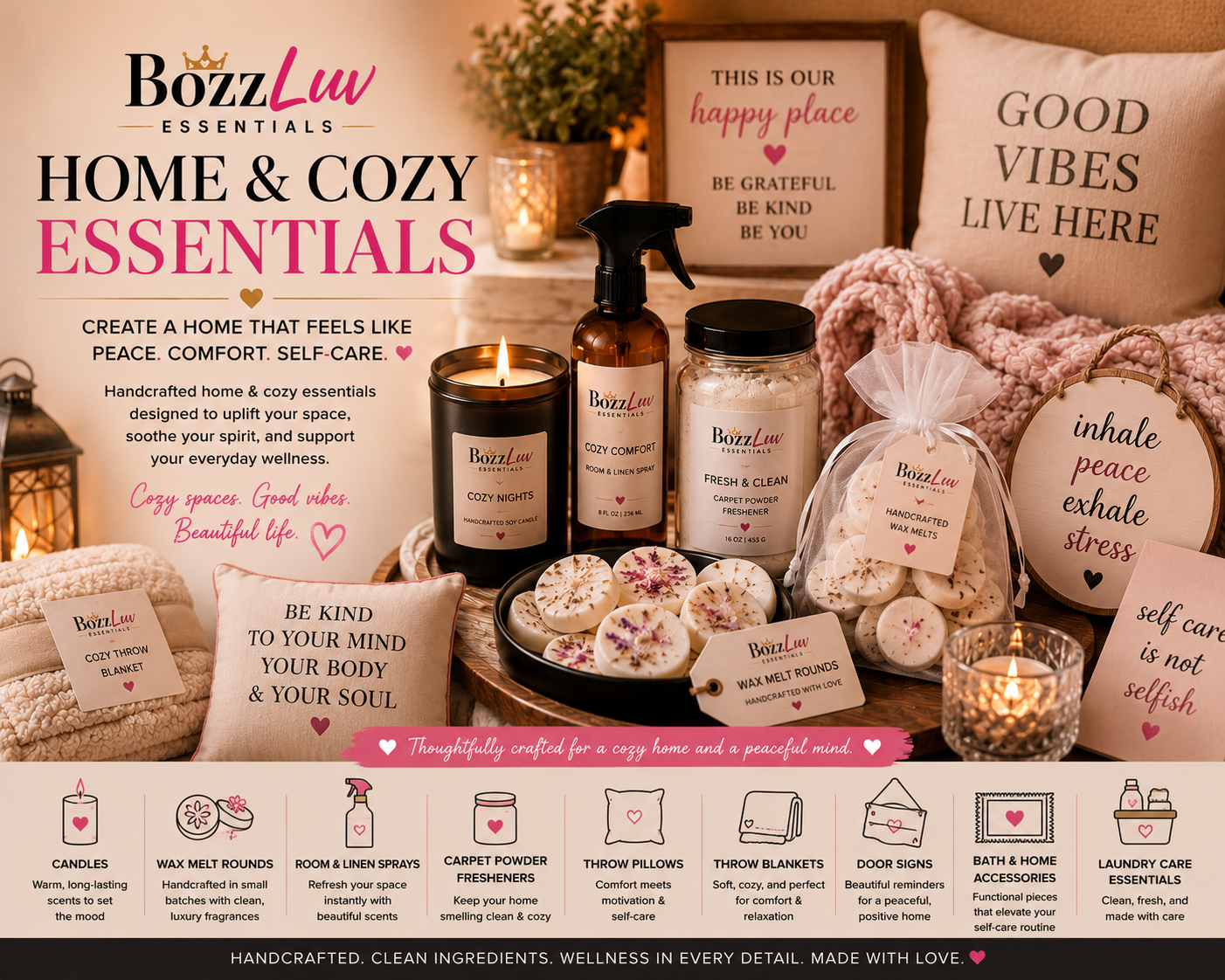 BozzLuv Essentials Home & Cozy Essentials collection featuring wax melts, candles, and home fragrance products in a warm luxury self-care setting.