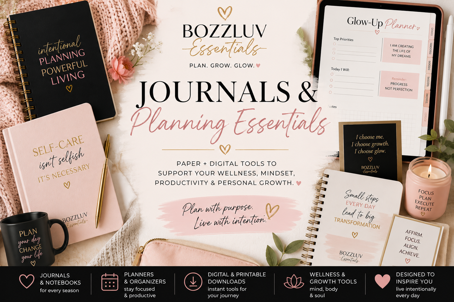 BozzLuv Essentials Journals & Planning Essentials collection banner featuring wellness journals, planners, digital planning tools, affirmation cards, and productivity accessories in a soft luxury self-care aesthetic.