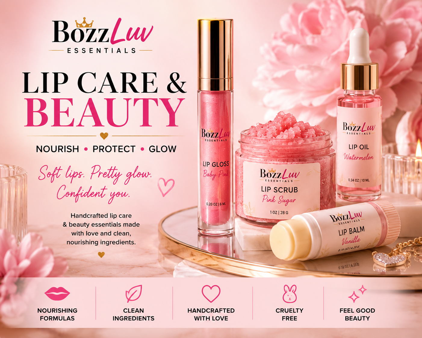 BozzLuv Essentials Lip Care & Beauty collection featuring lip balm, lip gloss, lip oil, and lip scrub in soft pink luxury beauty styling.