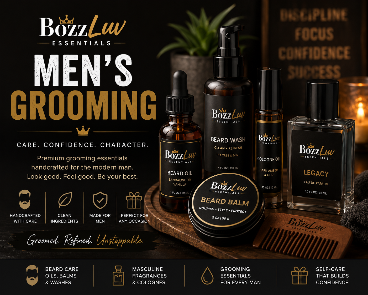 BozzLuv Essentials Men’s Grooming collection featuring beard oils, beard balm, masculine fragrances, and grooming essentials in a luxury dark aesthetic.