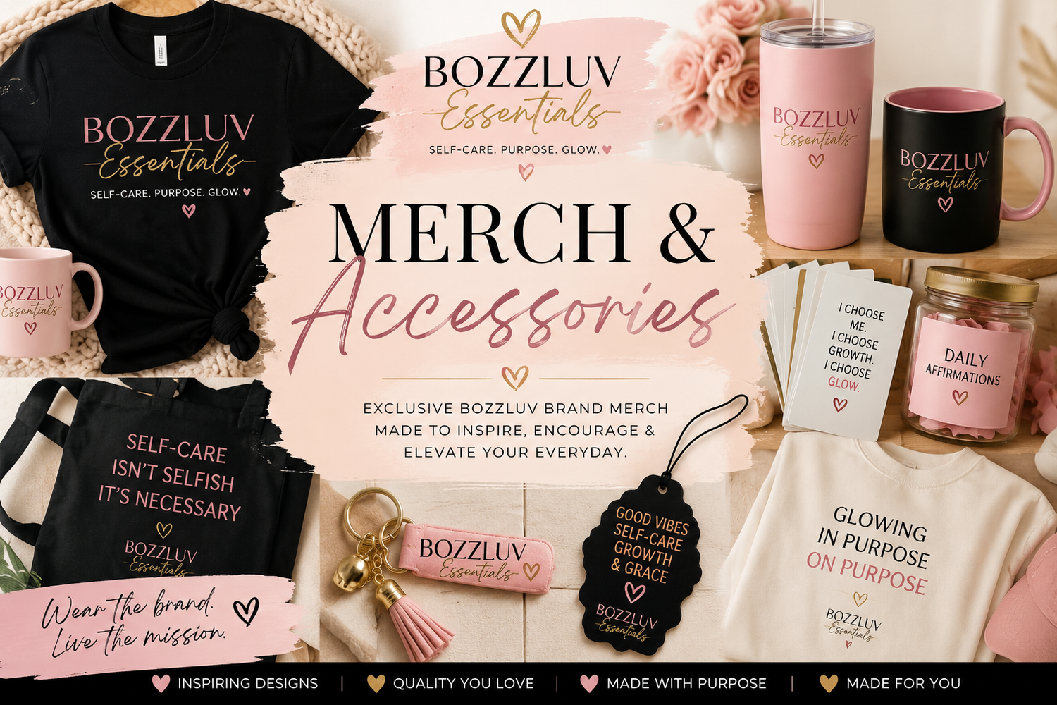 BozzLuv Essentials Merch & Accessories collection banner featuring branded shirts, mugs, tumblers, affirmation cards, keychains, tote bags, and wellness-inspired lifestyle accessories in a soft luxury aesthetic.
