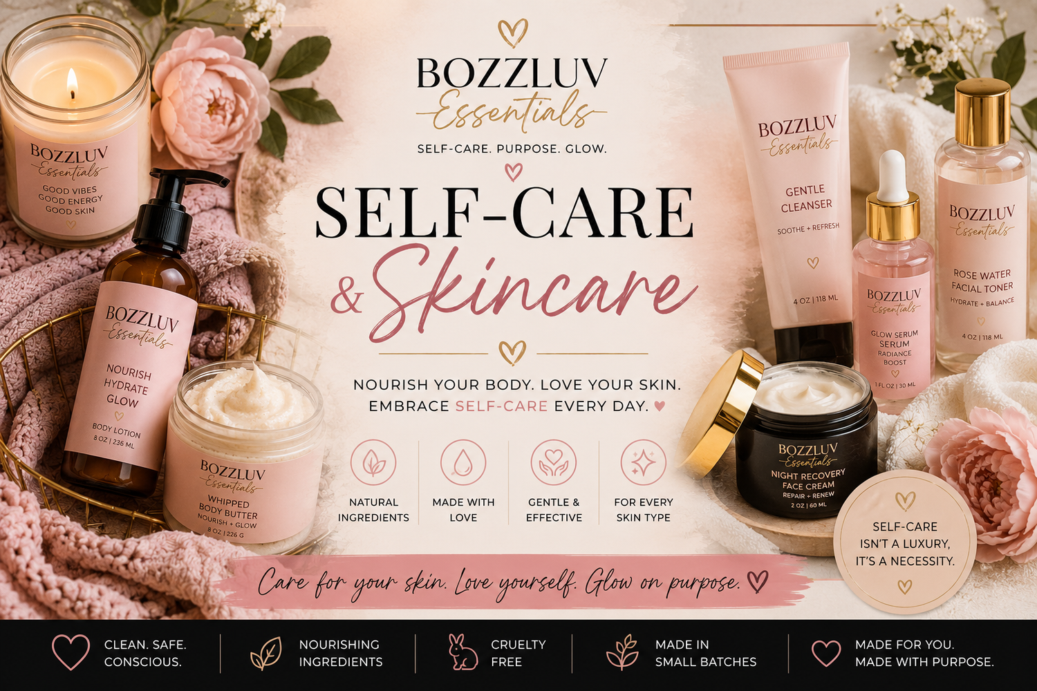 BozzLuv Essentials Self-Care & Skincare collection banner featuring body butter, facial cleanser, serum, toner, lotion, and skincare essentials in a soft luxury spa-inspired aesthetic.
