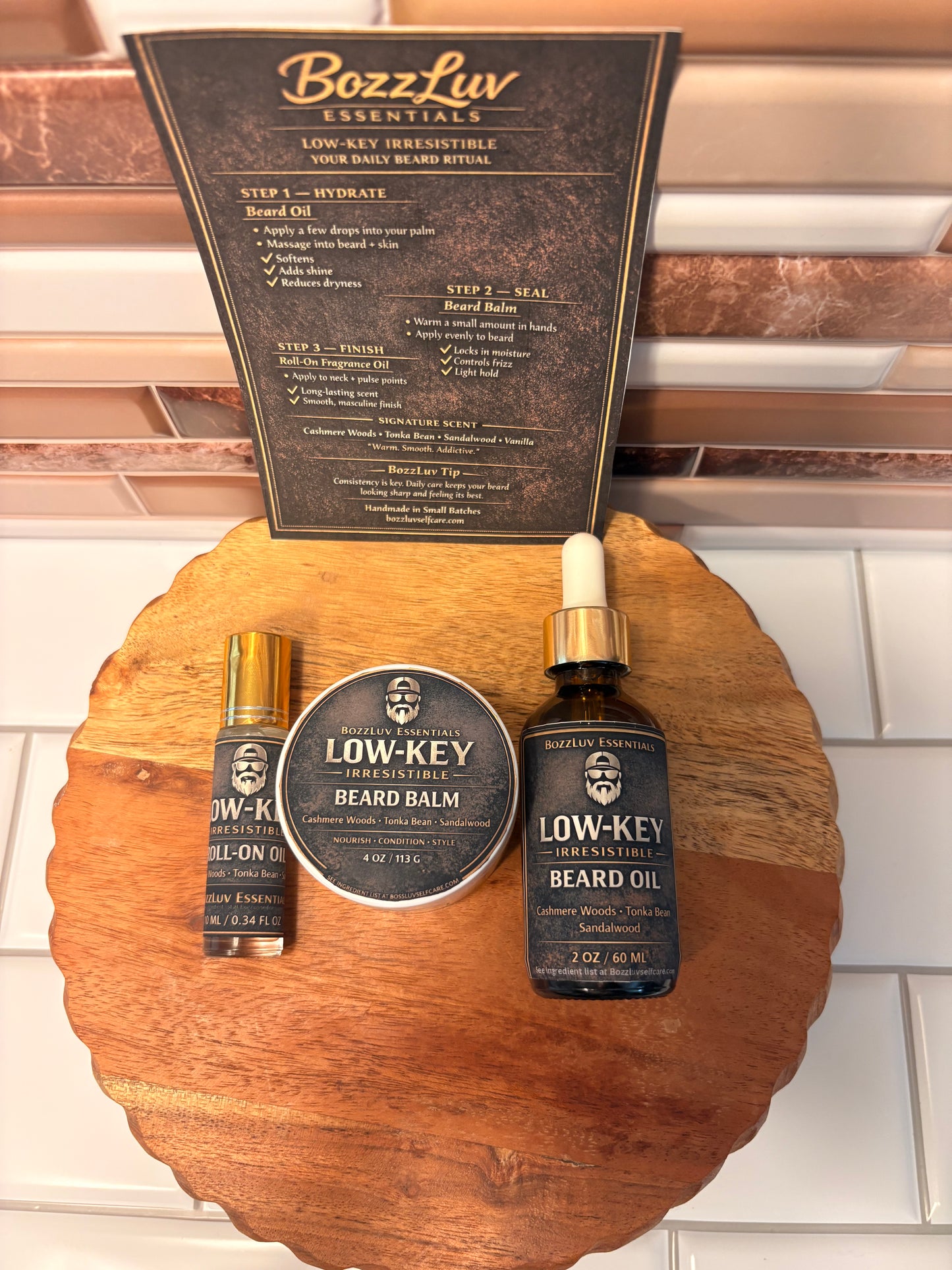 Low-Key Irresistible Beard Care Kit | Beard Oil, Balm & Roll-On Fragrance | Cashmere Woods & Tonka Bean
