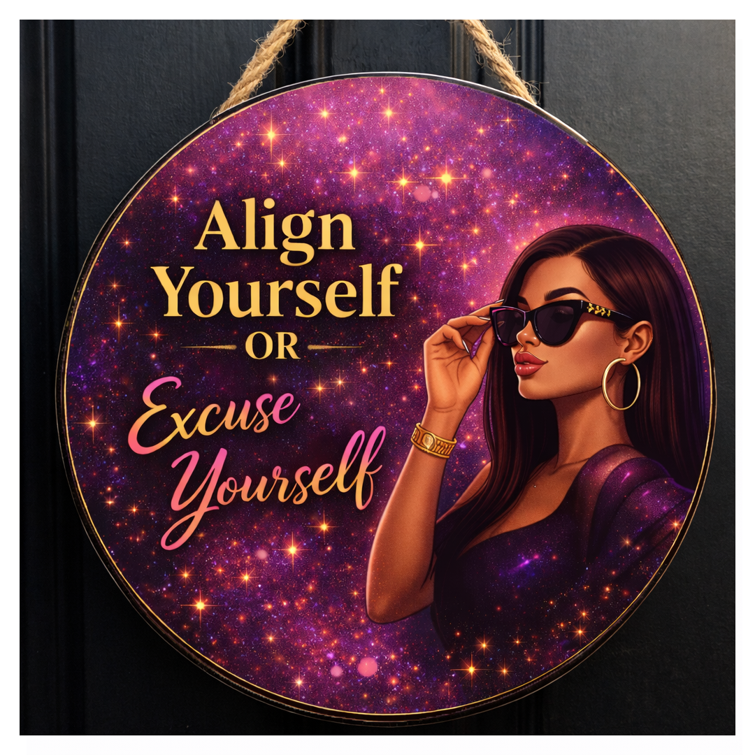 Circular sign with a woman adjusting sunglasses against a purple starry background, featuring the text 'Align Yourself OR Excuse Yourself'. 12 inch Align Yourself or Excuse Yourself motivational wall art sign featuring glam illustration and bold typography from Alignment Series Drop 001