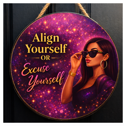 Circular sign with a woman adjusting sunglasses against a purple starry background, featuring the text 'Align Yourself OR Excuse Yourself'. 12 inch Align Yourself or Excuse Yourself motivational wall art sign featuring glam illustration and bold typography from Alignment Series Drop 001