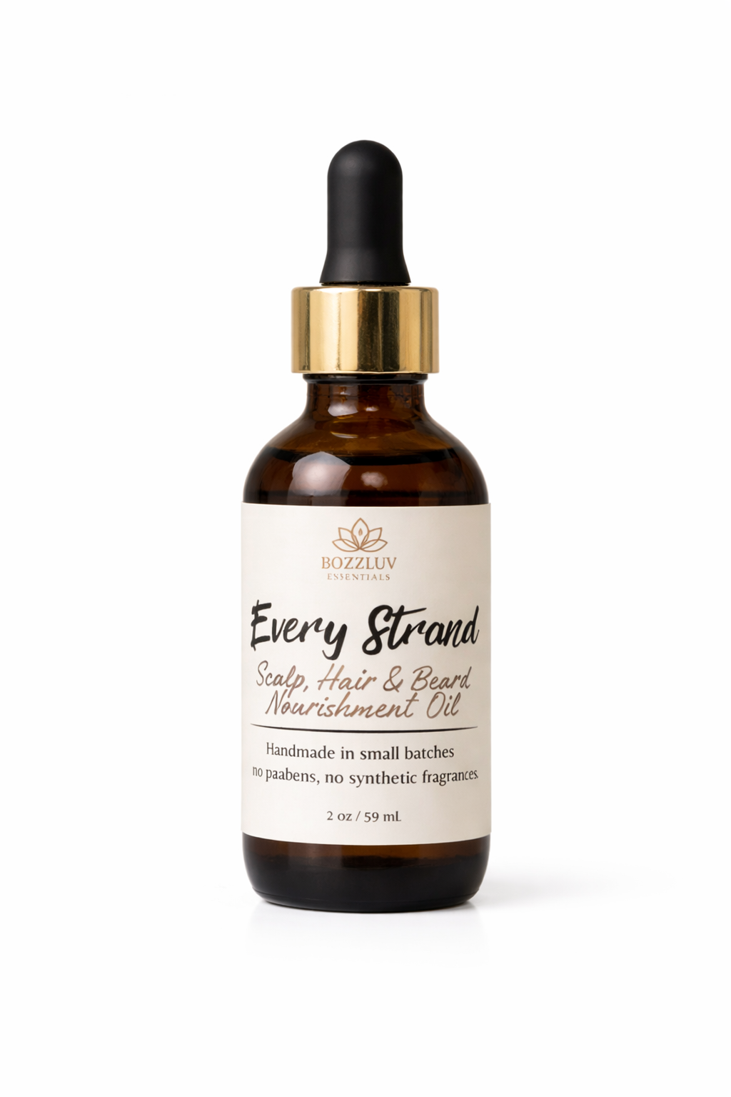 Clean white background photo of 2 oz amber glass dropper bottle featuring BozzLuv Essentials Every Strand Oil, 