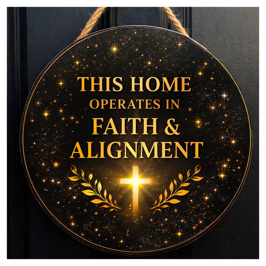 Decorative sign with 'This home operates in faith & alignment' text and a cross on a dark background. 12 inch This Home Operates in Faith and Alignment Christian wall art sign with black and gold shimmer design from Alignment Series Drop 001