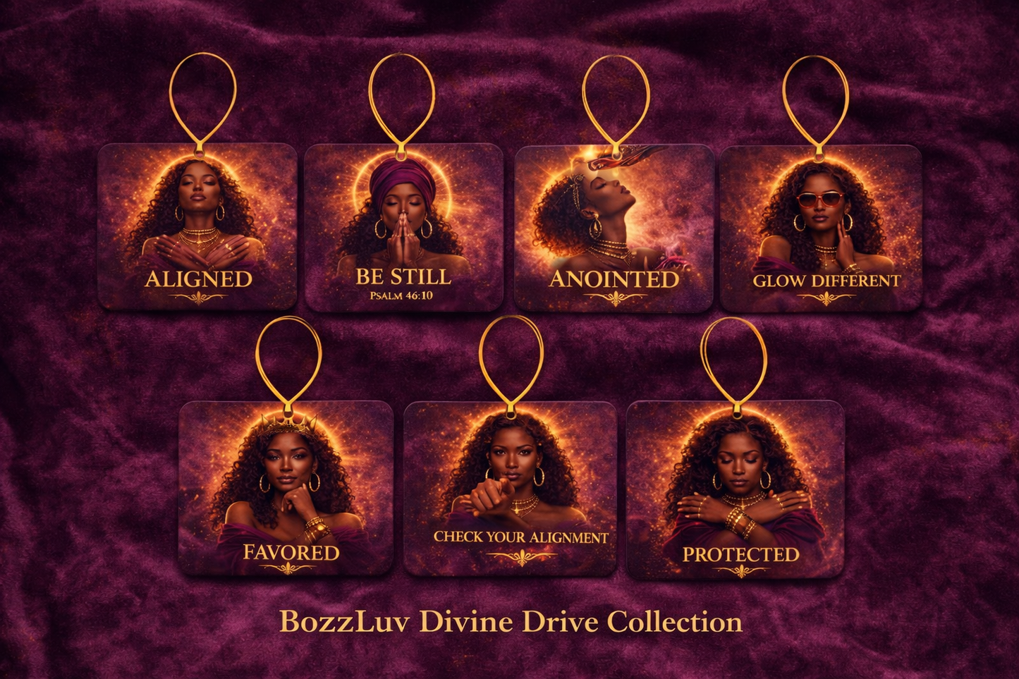 BozzLuv Divine Drive affirmation car freshener collection featuring landscape neoprene designs with gold string including Aligned, Be Still, Anointed, Glow Different, Favored, Check Your Alignment and Protected.