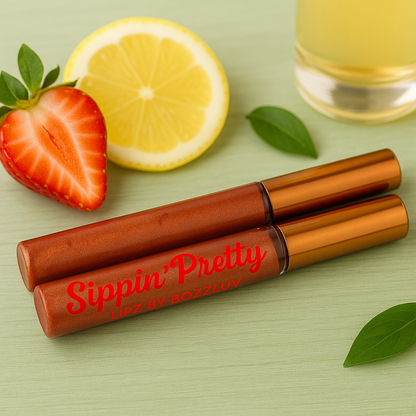 Sippin’ Pretty lip gloss tubes styled with a fresh strawberry, lemon slice, and leaves on a light green background, highlighting the gloss’s fruity scent and shimmer.
