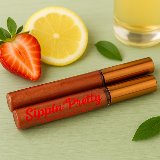 Sippin’ Pretty lip gloss tubes styled with a fresh strawberry, lemon slice, and leaves on a light green background, highlighting the gloss’s fruity scent and shimmer.