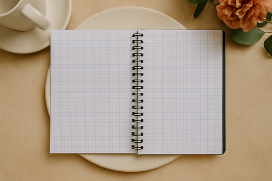 Open view of graph paper pages inside handmade spiral-bound faith journal.