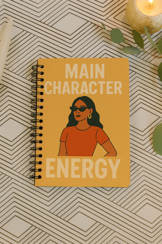Cover of handmade spiral journal titled ‘Main Character Energy’ featuring an illustrated woman in sunglasses on a mustard yellow background.