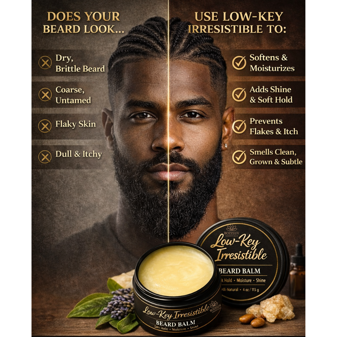 Split image comparison of a man’s beard before and after using Low-Key Irresistible natural beard balm, showing a dry, rough beard on one side and a soft, moisturized, healthy-looking beard on the other.