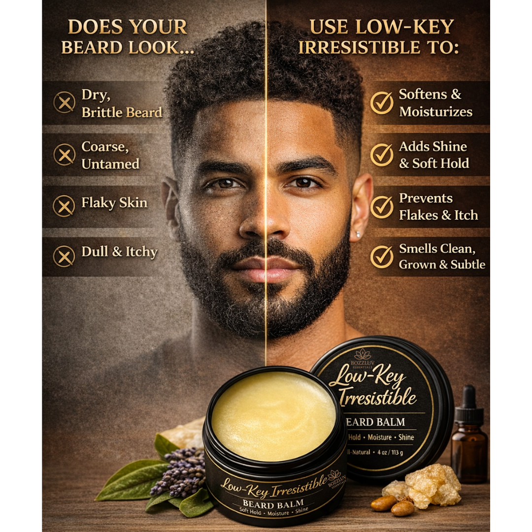 Split image comparison of a man’s beard before and after using Low-Key Irresistible natural beard balm, showing a dry, rough beard on one side and a soft, moisturized, healthy-looking beard on the other.
