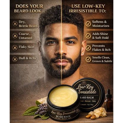 Split image comparison of a man’s beard before and after using Low-Key Irresistible natural beard balm, showing a dry, rough beard on one side and a soft, moisturized, healthy-looking beard on the other.