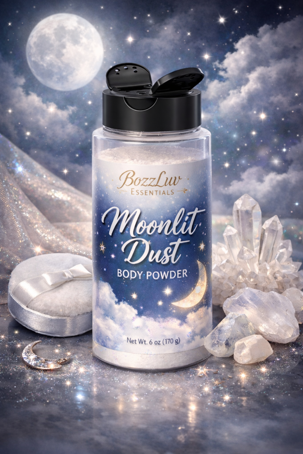 Talc-free body dusting powder with sprinkle and pour lid for easy application