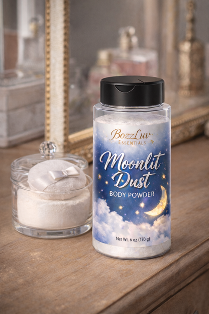 Moonlit Dust talc-free body powder in clear bottle with black flip-top lid on vanity background