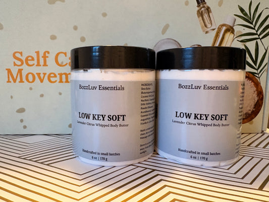 Pair of Low Key Soft lavender citrus whipped body butter jars by BozzLuv Essentials showcasing clean, modern packaging