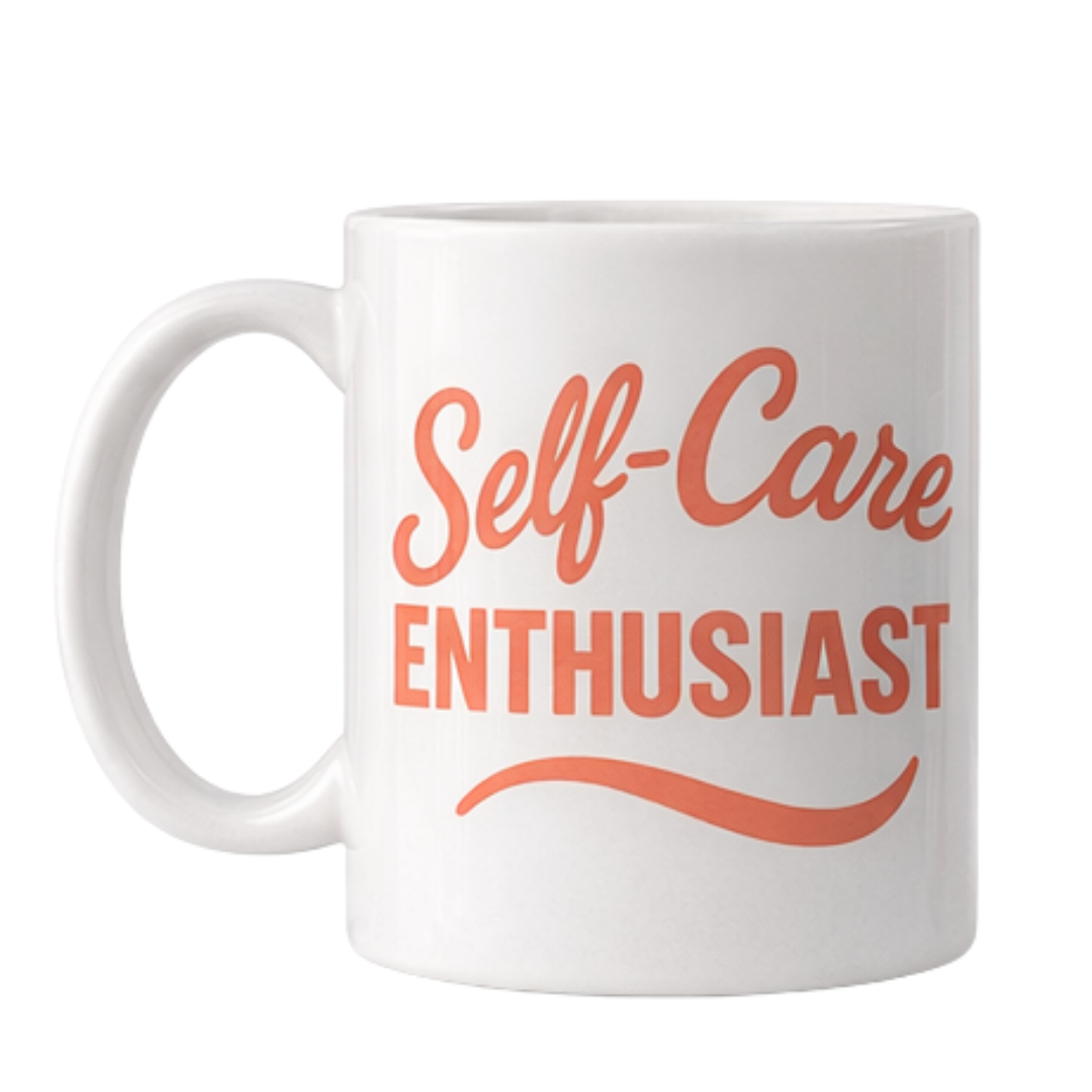 White mug with 'Self-Care ENTHUSIAST' text in coral on a white background