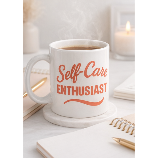 White mug with 'Self-Care Enthusiast' text on a desk with a notebook and pen.