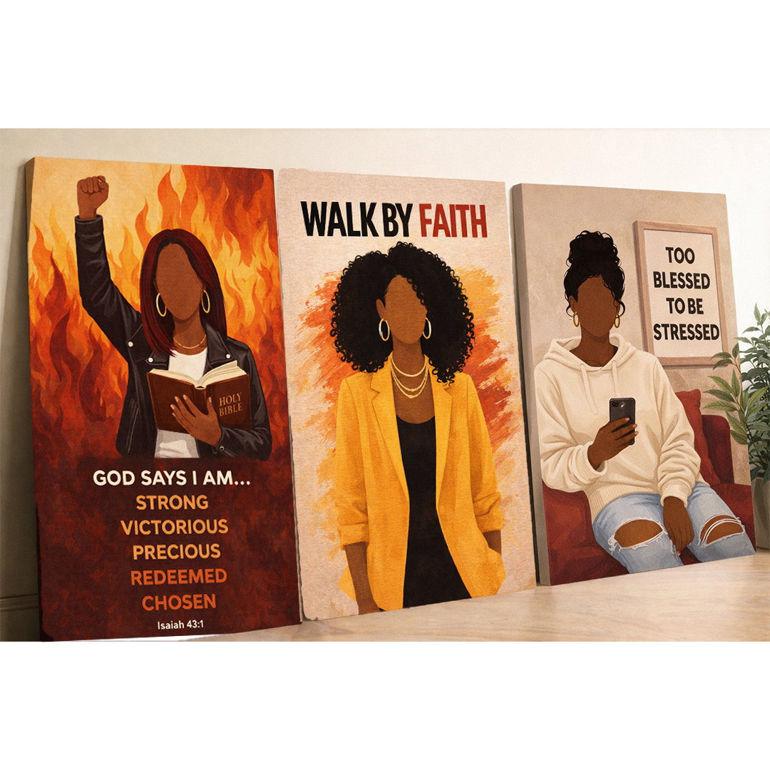 Three-piece faith-inspired canvas wall art set featuring bold faceless Black women illustrations with Christian affirmations including “Walk By Faith,” “Too Blessed To Be Stressed,” and Isaiah 43:1.