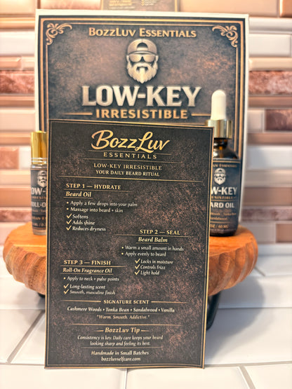 Close-up of beard oil and balm with luxury masculine packaging