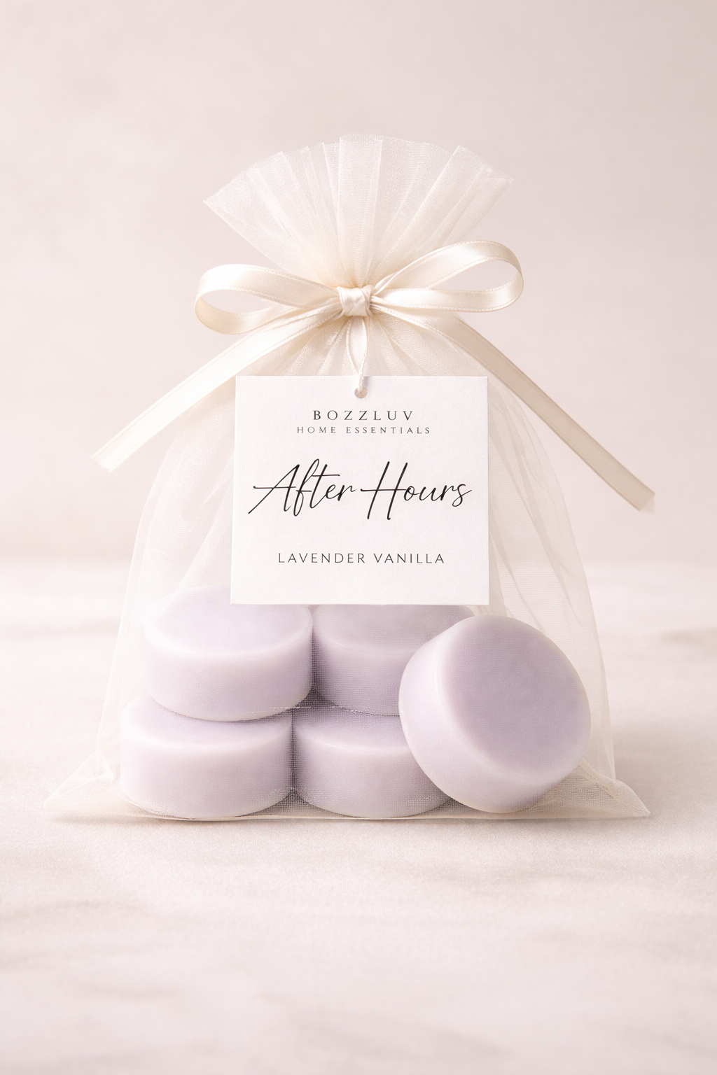 BozzLuv Home Essentials After Hours lavender vanilla signature melt rounds in ivory organza bag
