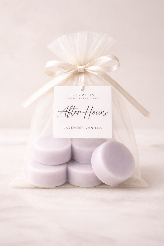 BozzLuv Home Essentials After Hours lavender vanilla signature melt rounds in ivory organza bag