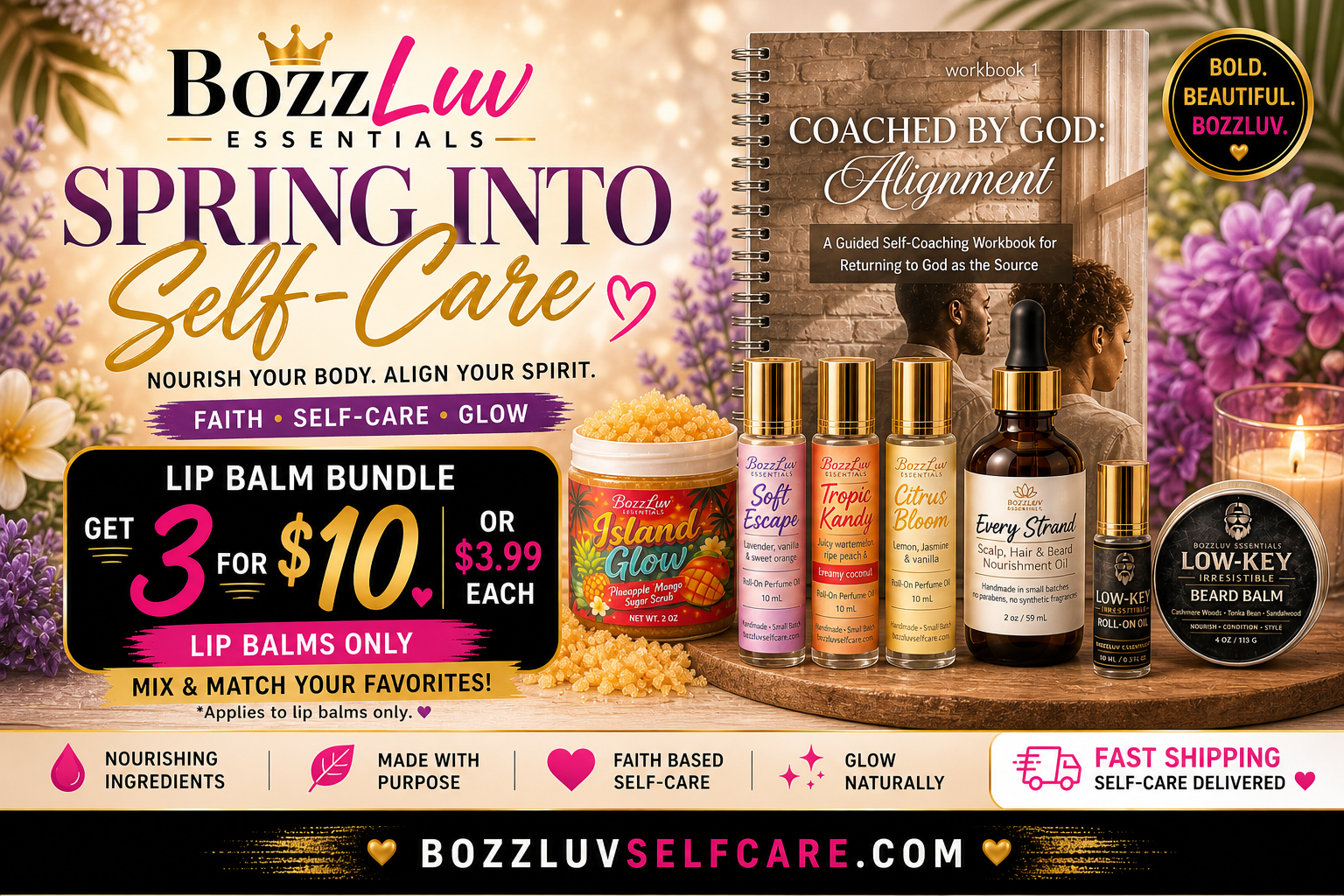 BozzLuv Essentials April self-care sale banner featuring Coached by God workbook, lip balm bundle 3 for $10, roll-on oils, body scrubs, and beard care products.