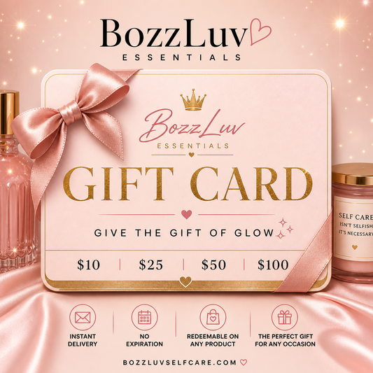BozzLuv Essentials digital gift card with glow-up self-care theme in neutral blush and gold tones