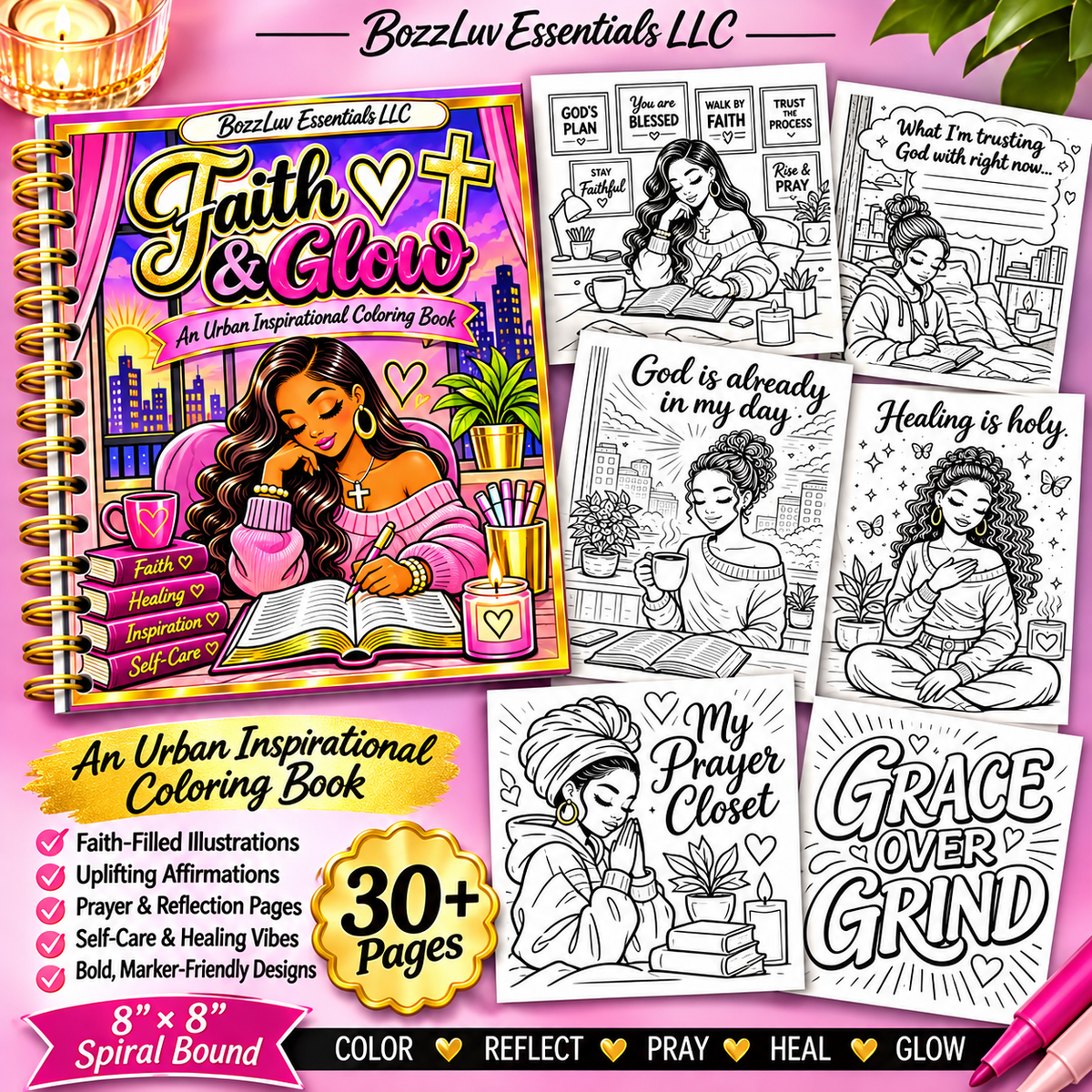 Faith & Glow | Christian Coloring & Reflection Book for Women – 8×8 Spiral Bound | 30+ Pages HANDMADE