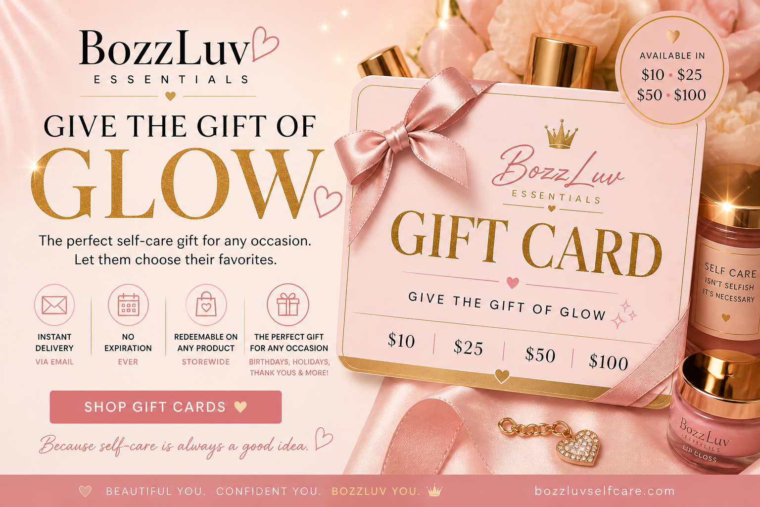 BozzLuv Essentials digital gift card banner promoting self-care gift cards available in multiple amounts with luxury blush and gold aesthetic